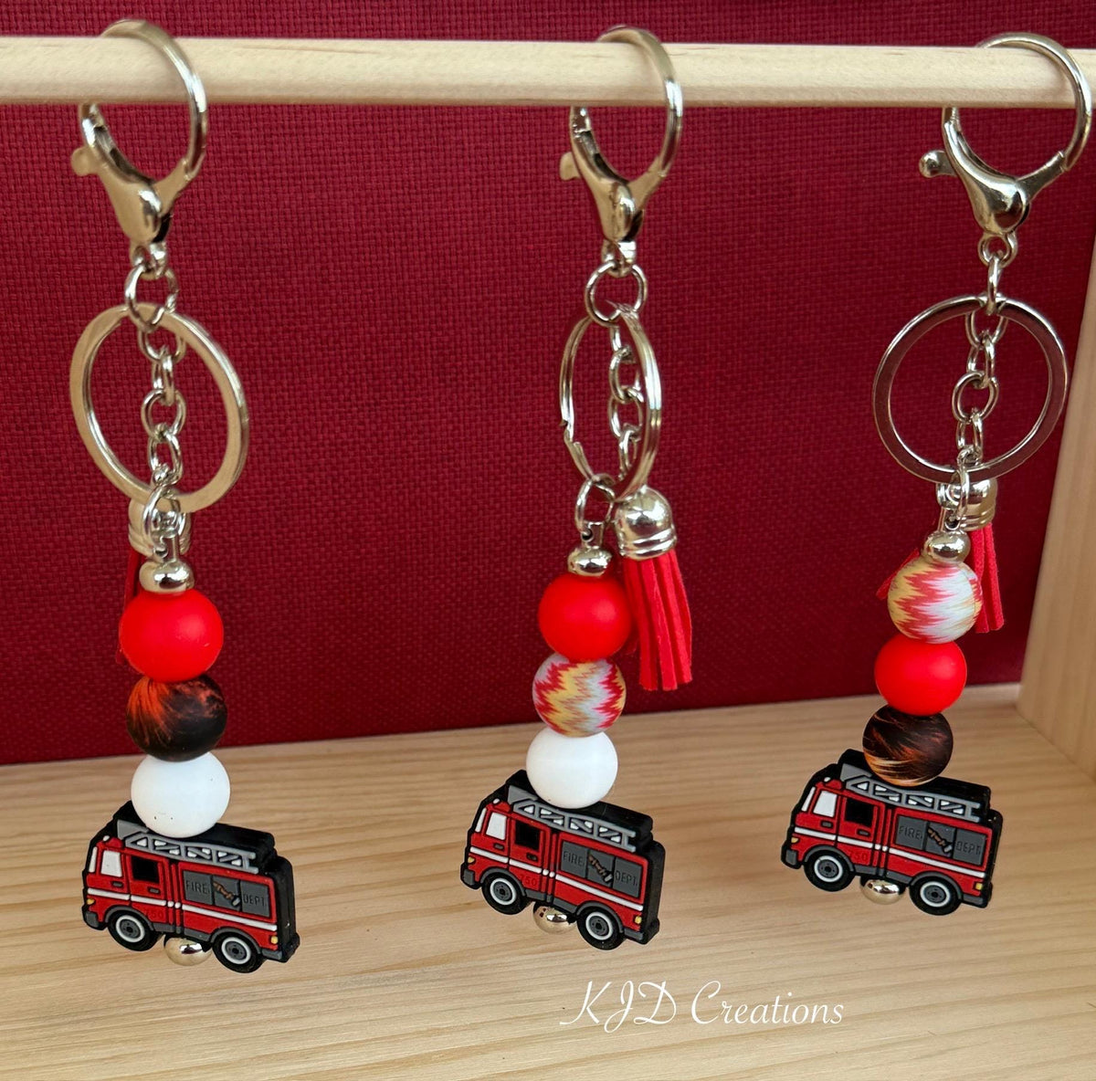 Fire Truck Silicone Beaded Keychain with Leather Tassel