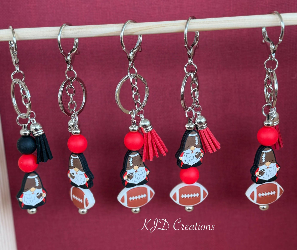 Red & Black Football Gnome Silicone Beaded Faux Leather Tassel Keychain | Game Day Bag Charm