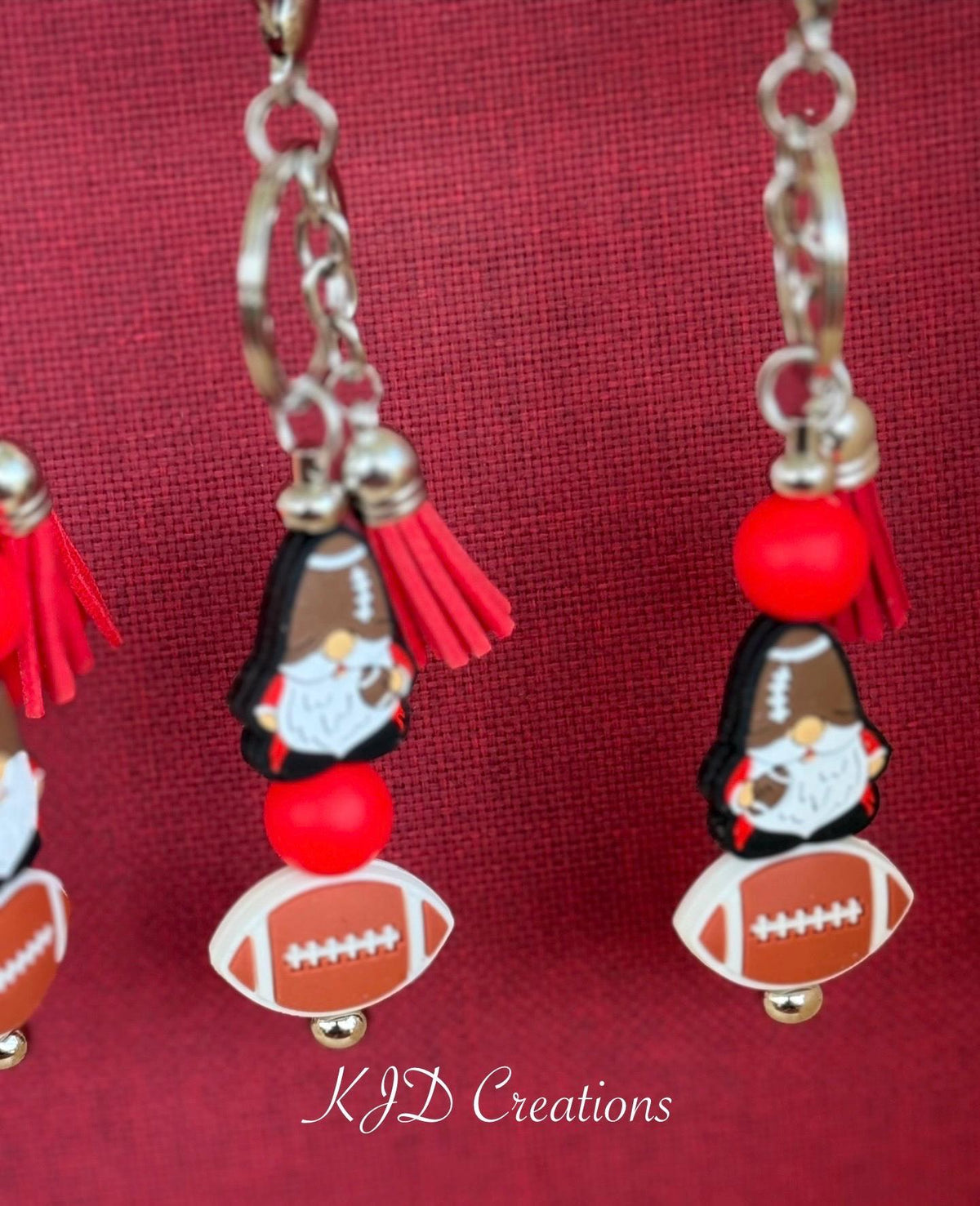 Red & Black Football Gnome Silicone Beaded Faux Leather Tassel Keychain | Game Day Bag Charm