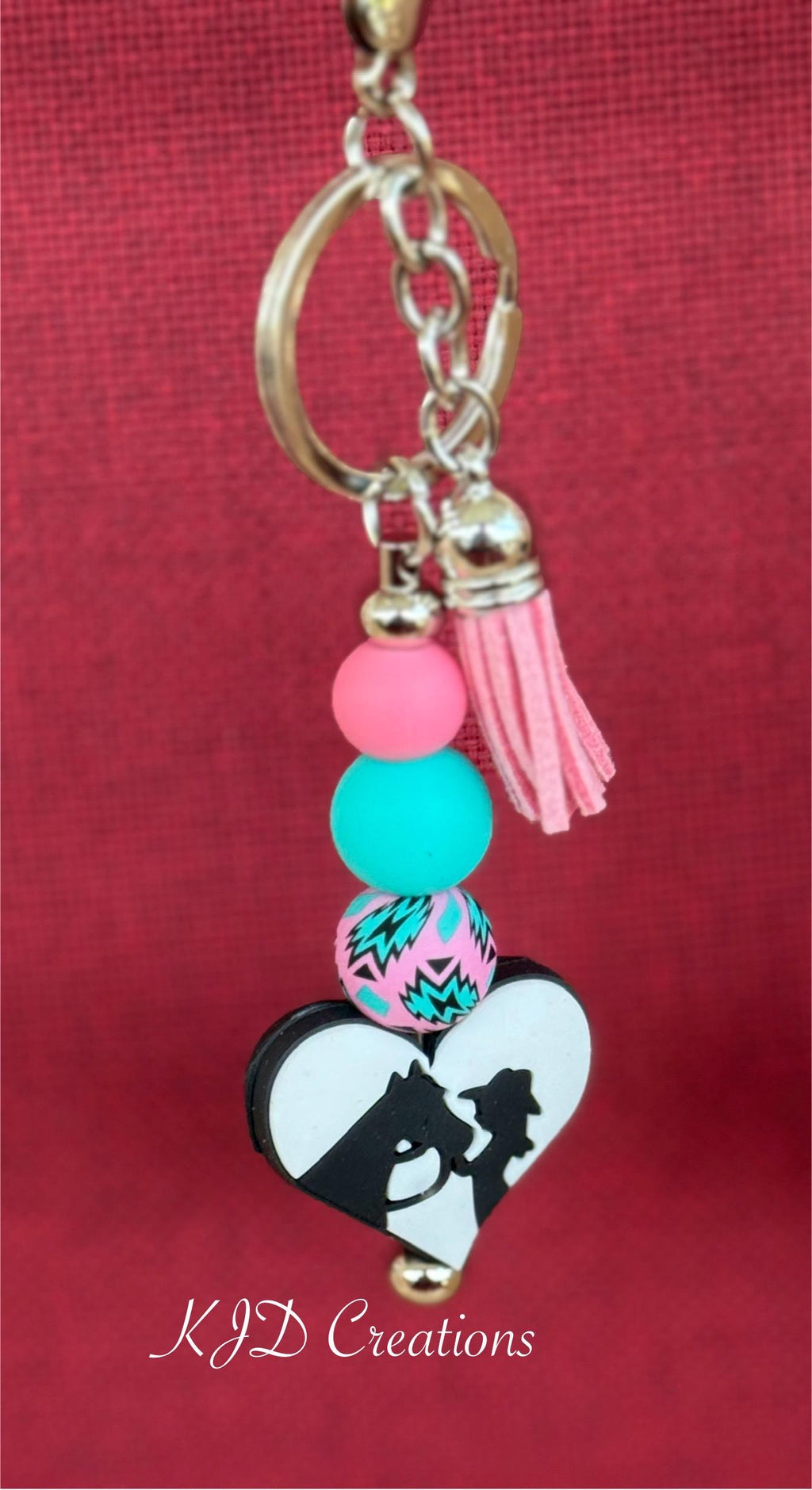 Cowgirl Horse Head Heart Silicone Beaded Keychain with Leather Tassel | Western Equestrian Style