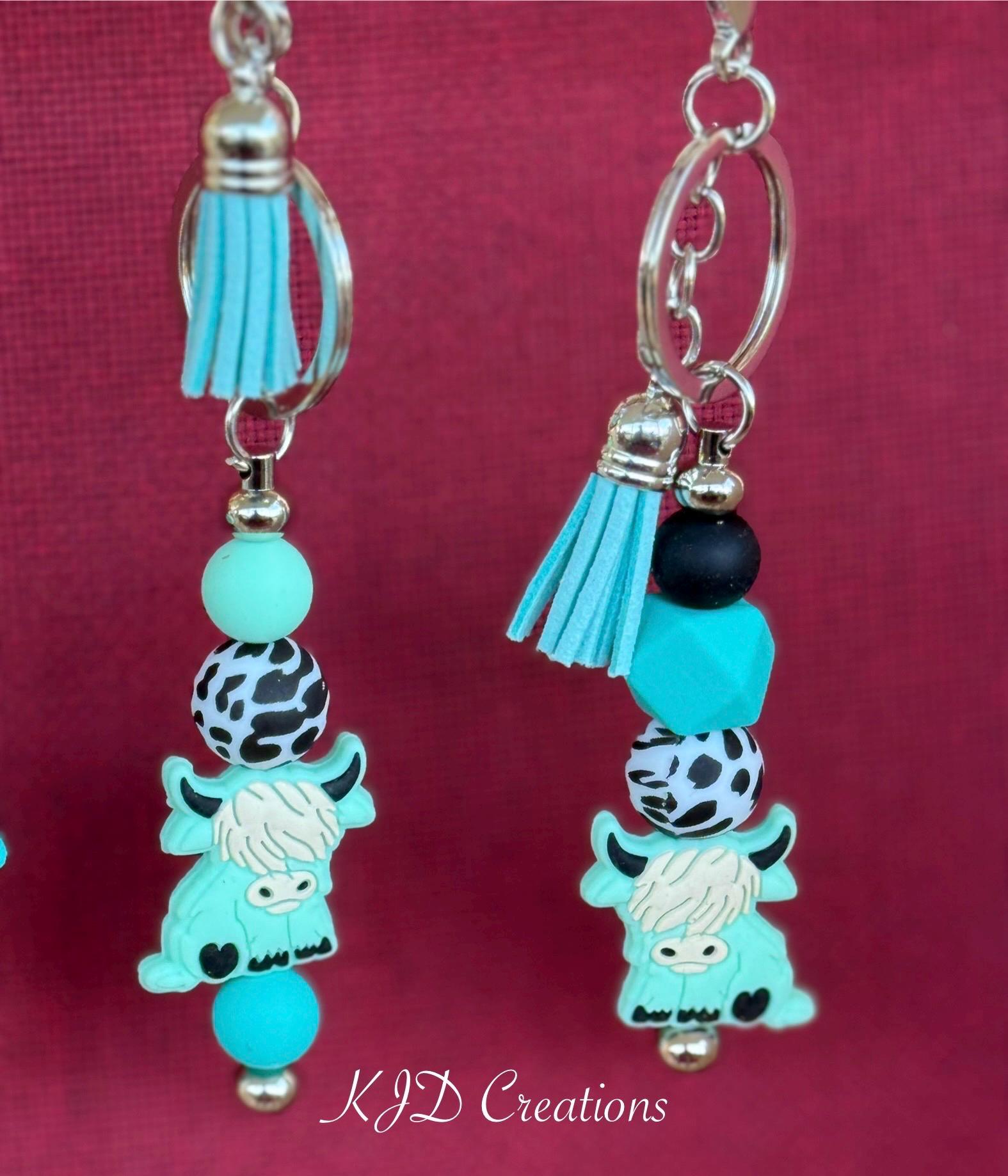 Highland Cow Silicone Beaded Keychain with Leather Tassel