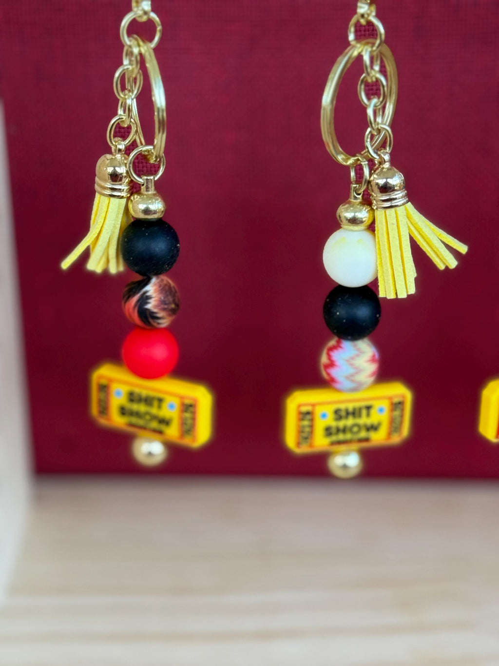 Shit Show Ticket Silicone Beaded Keychain with Leather Tassel