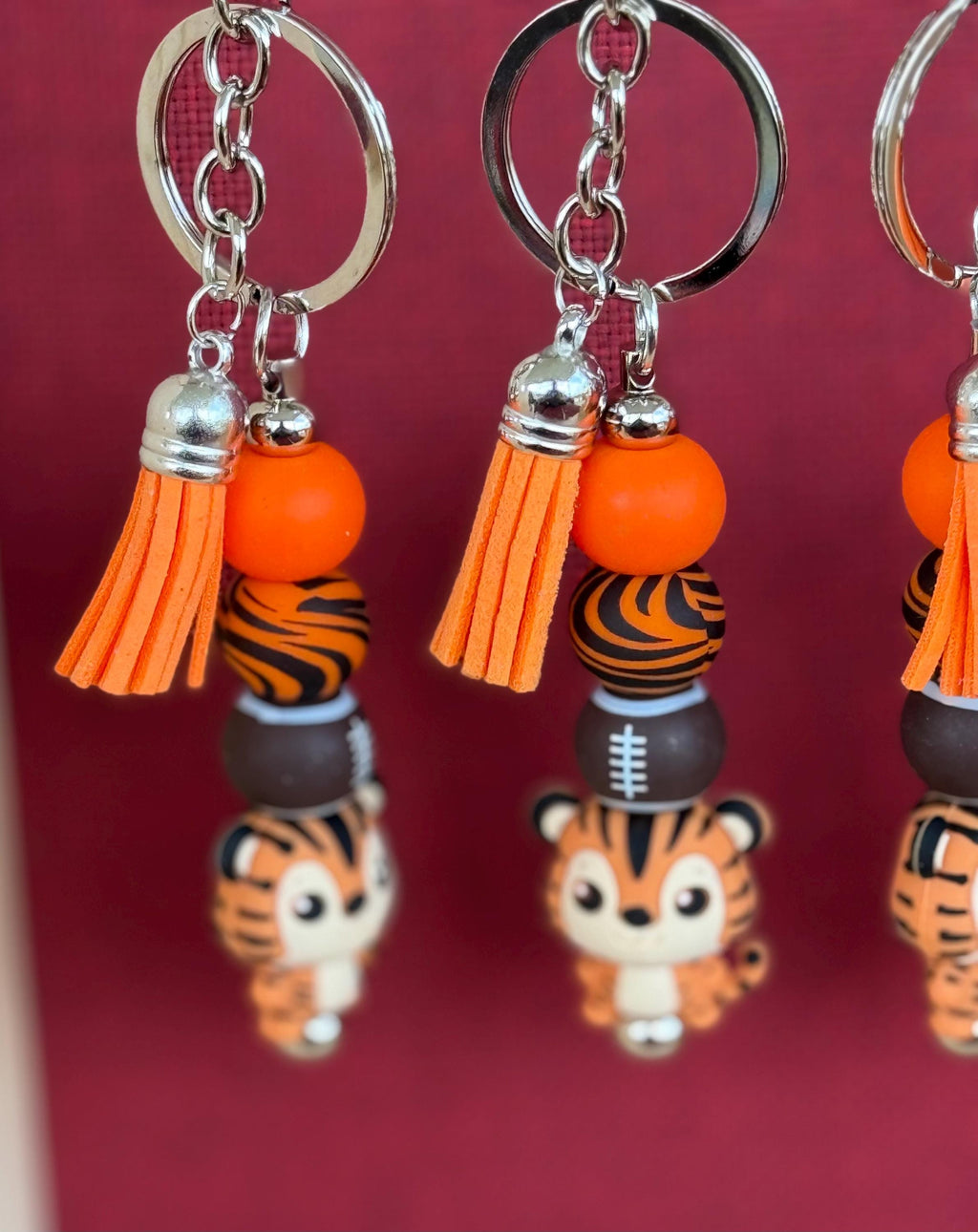 Orange & Black Tiger Football Silicone Beaded Keychain with Leather Tassel