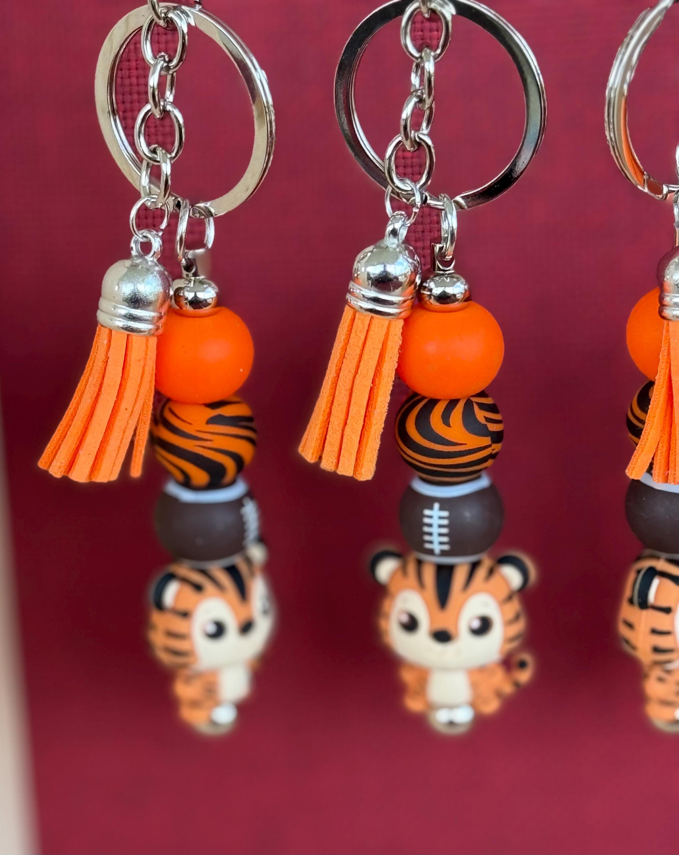 Orange & Black Tiger Football Silicone Beaded Keychain with Leather Tassel