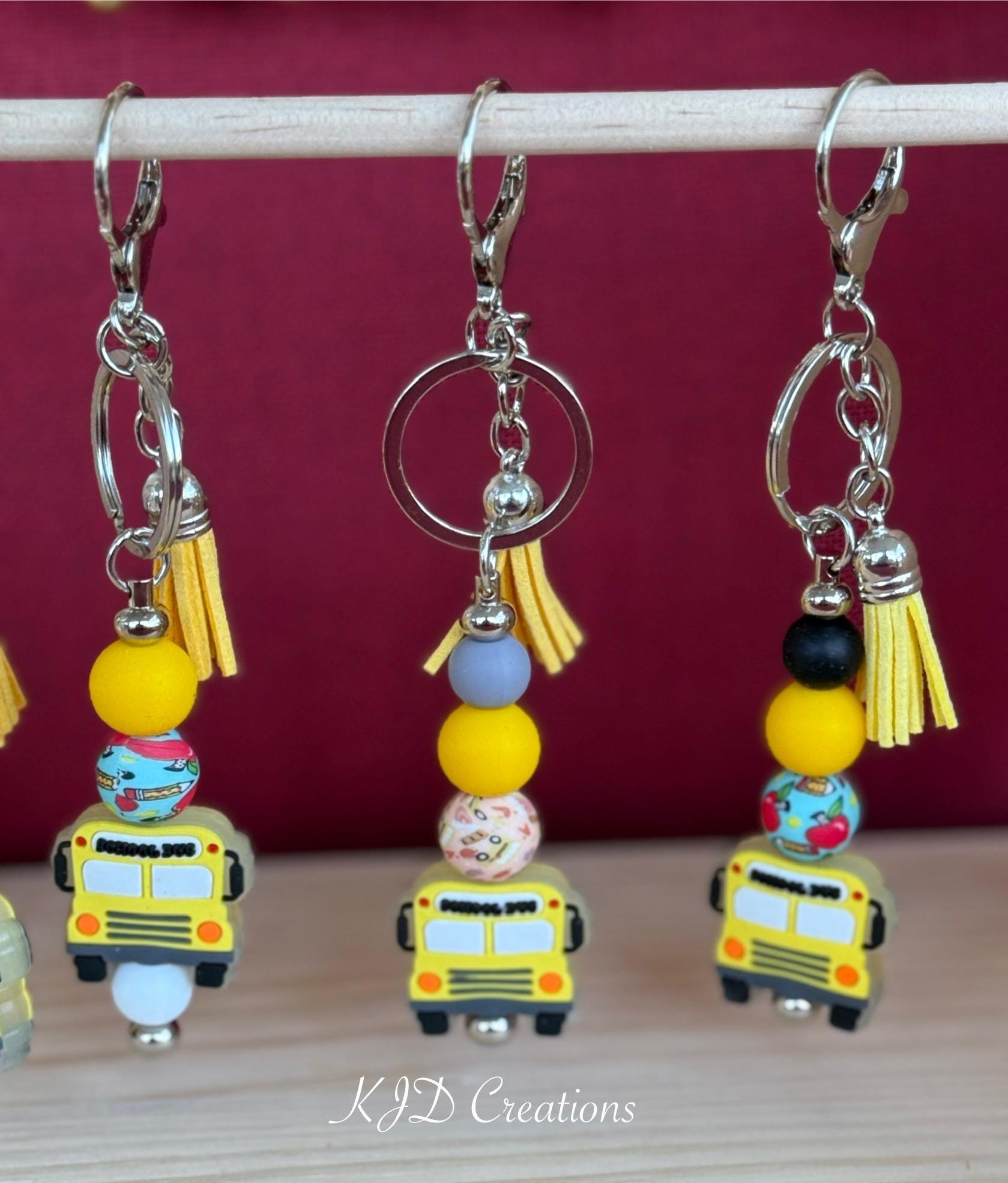 School Bus Driver Silicone Beaded Keychain with Leather Tassel