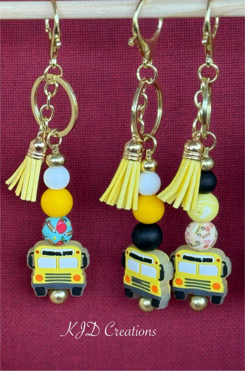 School Bus Driver Silicone Beaded Keychain with Leather Tassel