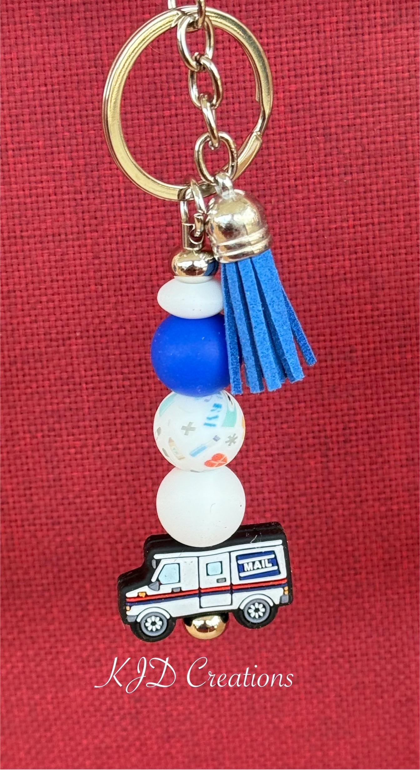 Mail Carrier Mail Truck Silicone Beaded Keychain with Leather Tassel