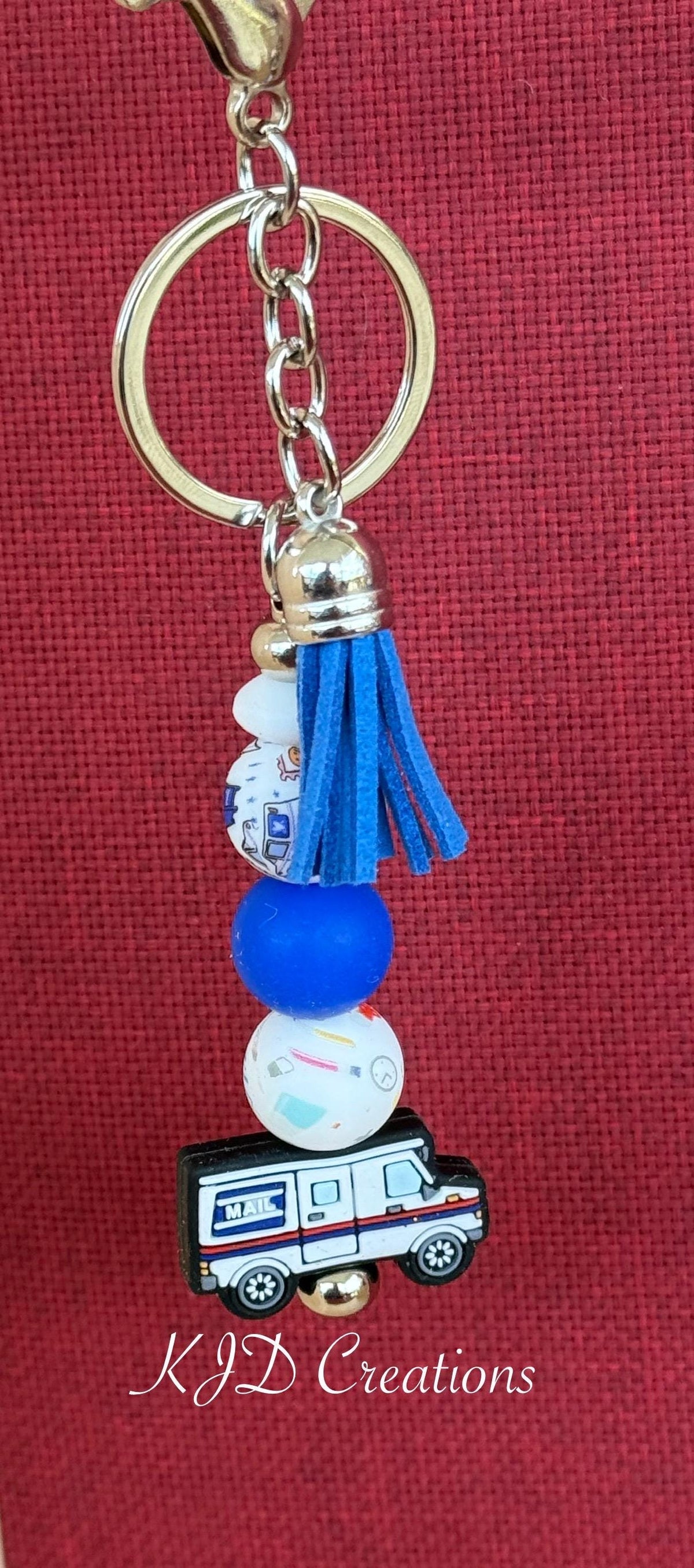 Mail Carrier Mail Truck Silicone Beaded Keychain with Leather Tassel