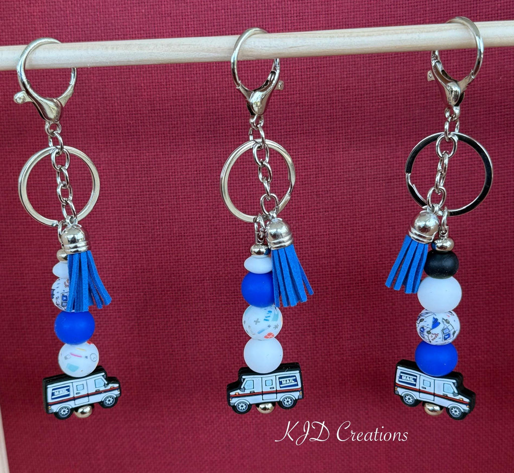 Mail Carrier Mail Truck Silicone Beaded Keychain with Leather Tassel