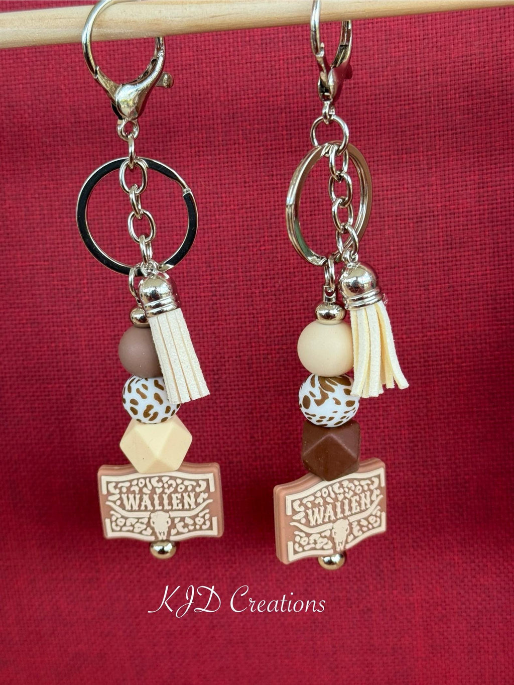 Country Music Silicone Beaded Keychain with Leather Tassel - Pink, Turquoise, Brown & White