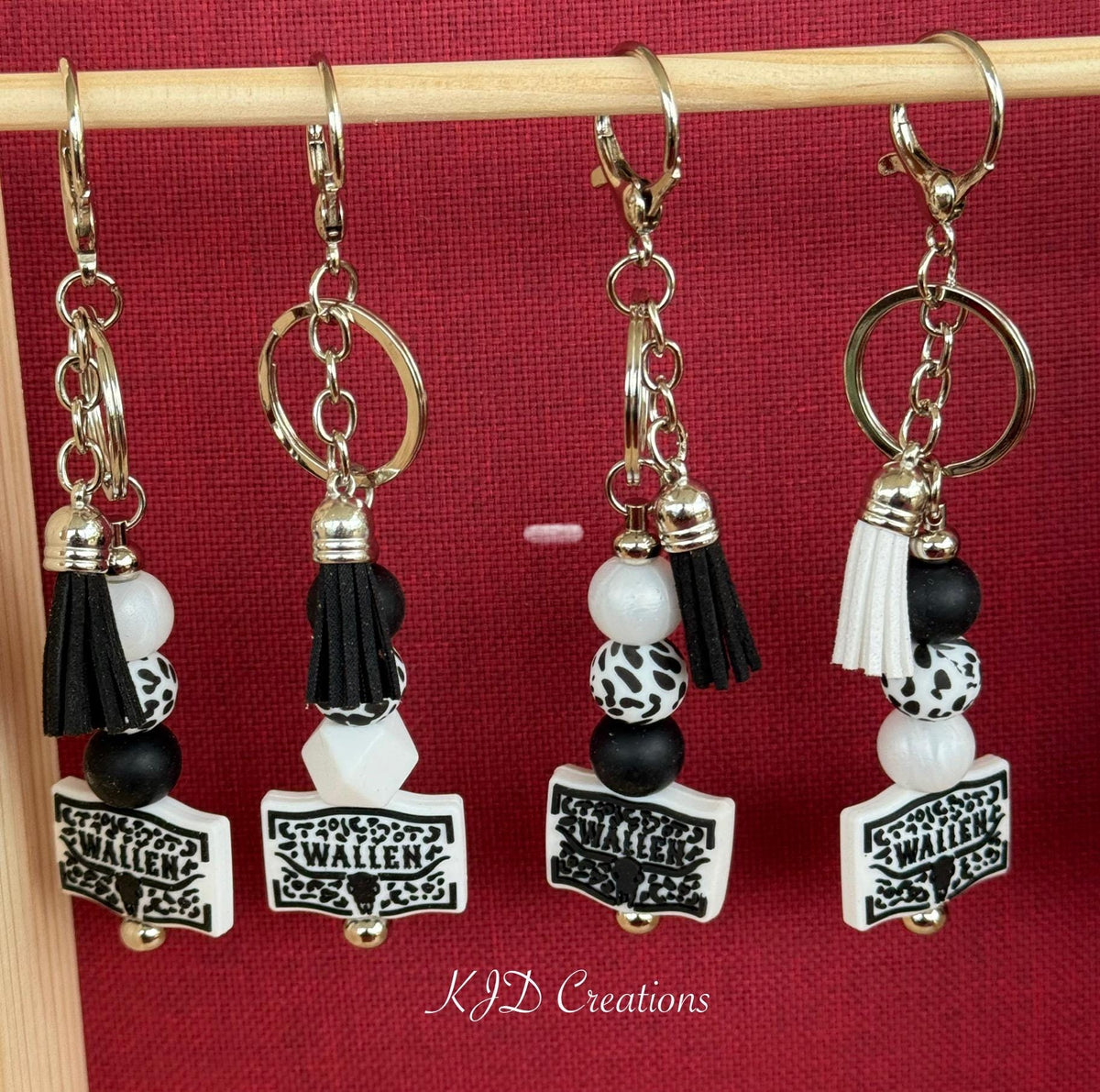 Country Music Silicone Beaded Keychain with Leather Tassel - Pink, Turquoise, Brown & White