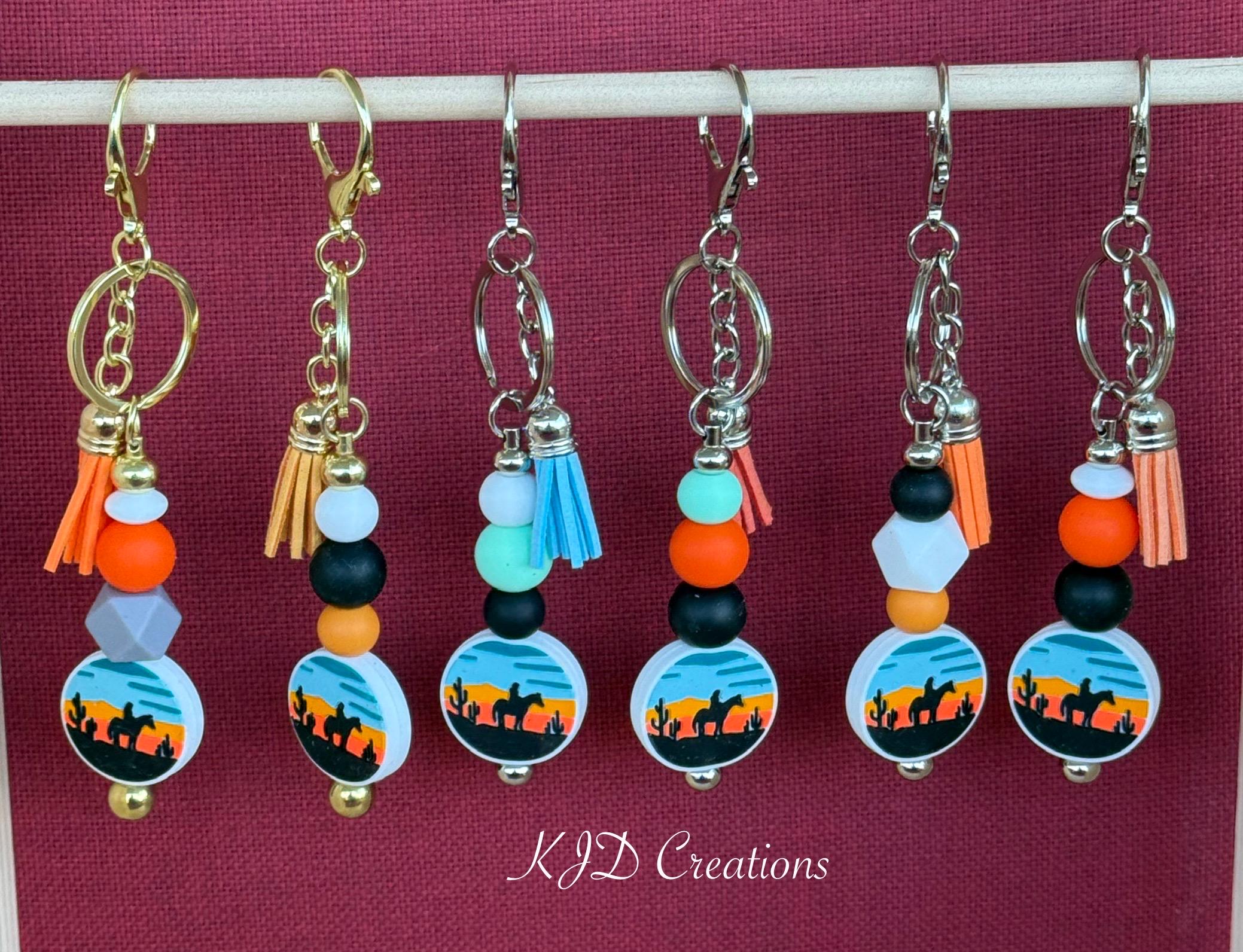 Western Cowboy Horse Desert Sunset Silicone Beaded Keychain with Leather Tassel