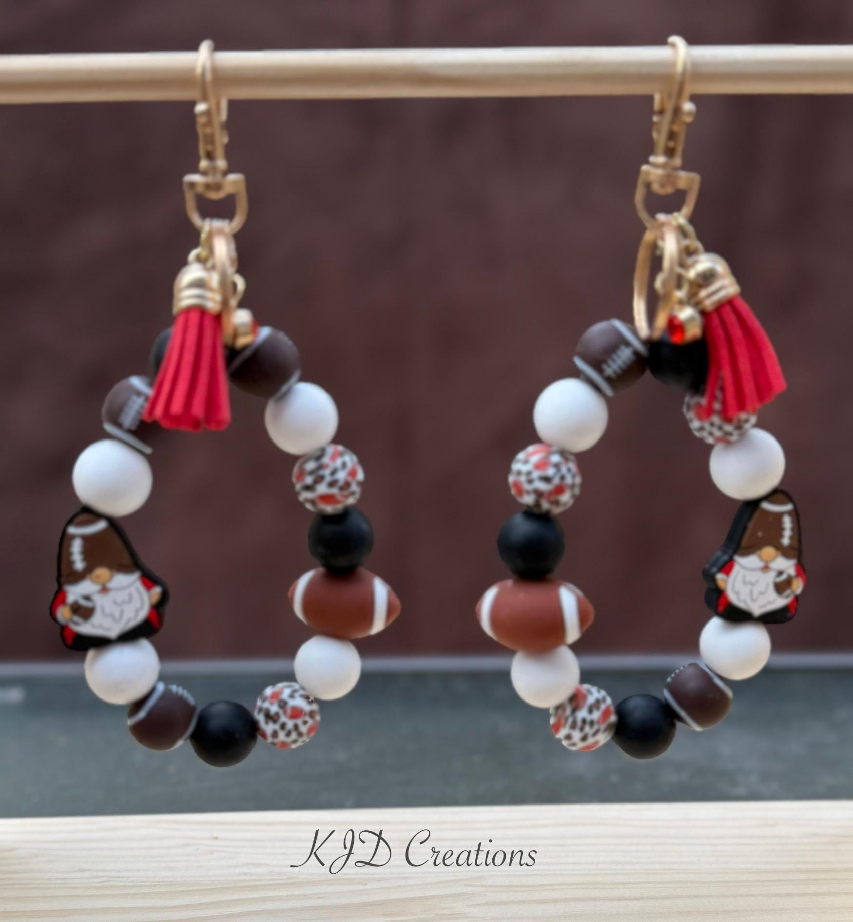 Football Gnome Silicone Beaded Wristlet Bracelet Keychain with Leather Tassel