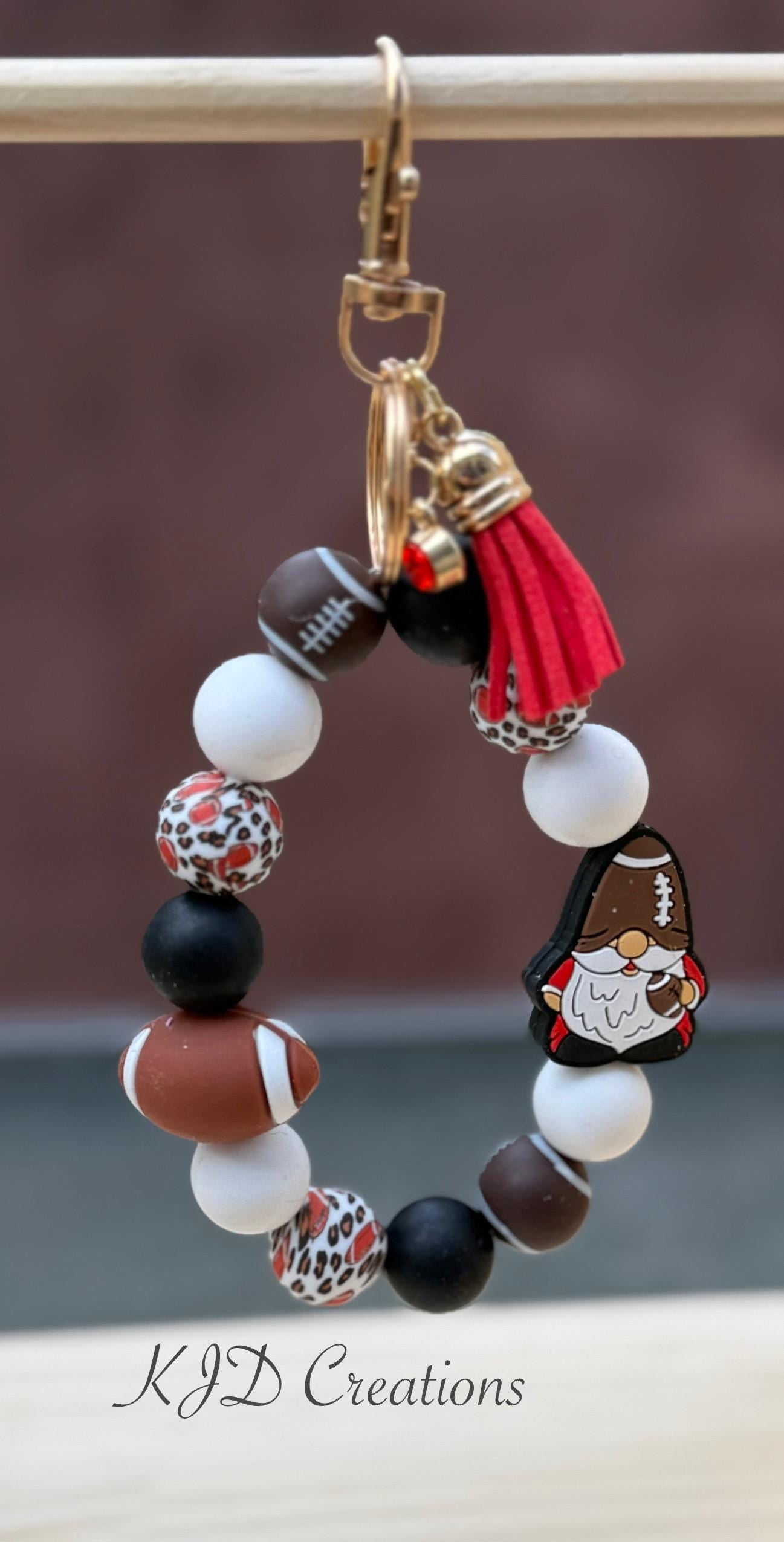 Football Gnome Silicone Beaded Wristlet Bracelet Keychain with Leather Tassel
