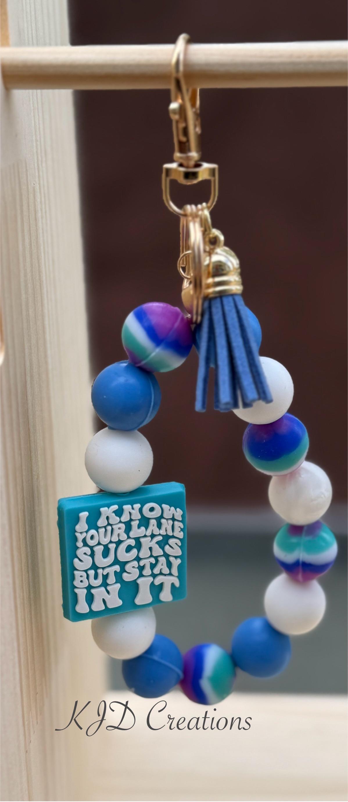 Funny Silicone Beaded Wristlet Bracelet Keychain with Leather Tassel