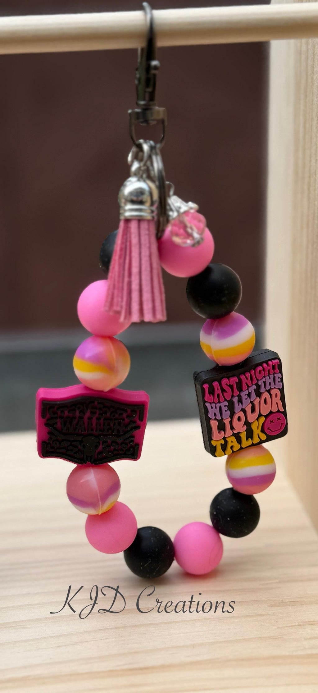 Country Music Silicone Beaded Wristlet Bracelet Keychain with Leather Tassel & Crystal Jewel
