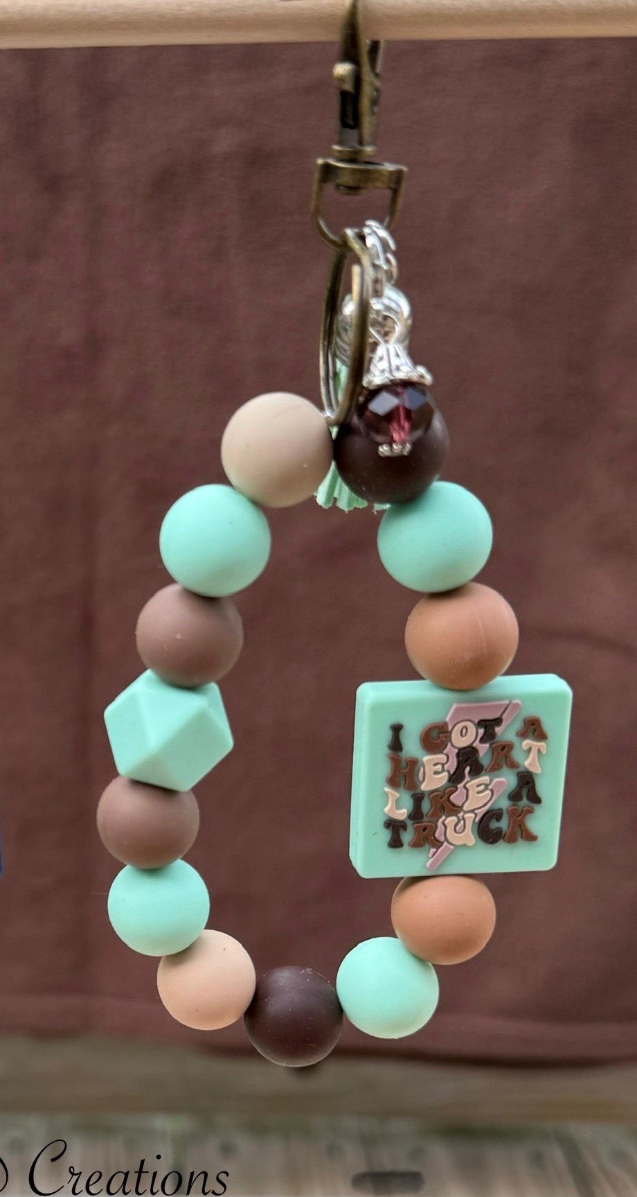 Country Music Silicone Beaded Wristlet Bracelet Keychain with Leather Tassel & Crystal Jewel
