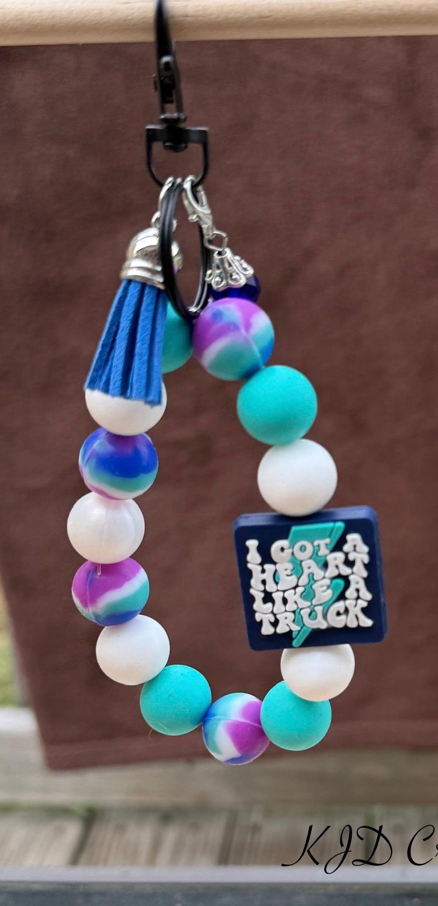 Country Music Silicone Beaded Wristlet Bracelet Keychain with Leather Tassel & Crystal Jewel