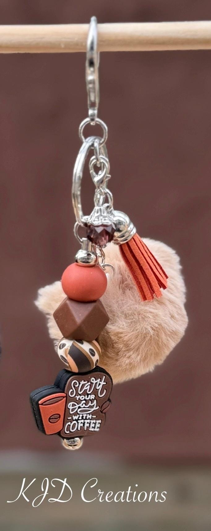 Coffee Lover Silicone Beaded Keychain with Pom Pom & Leather Tassel