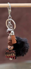 Coffee Lover Silicone Beaded Keychain with Pom Pom & Leather Tassel