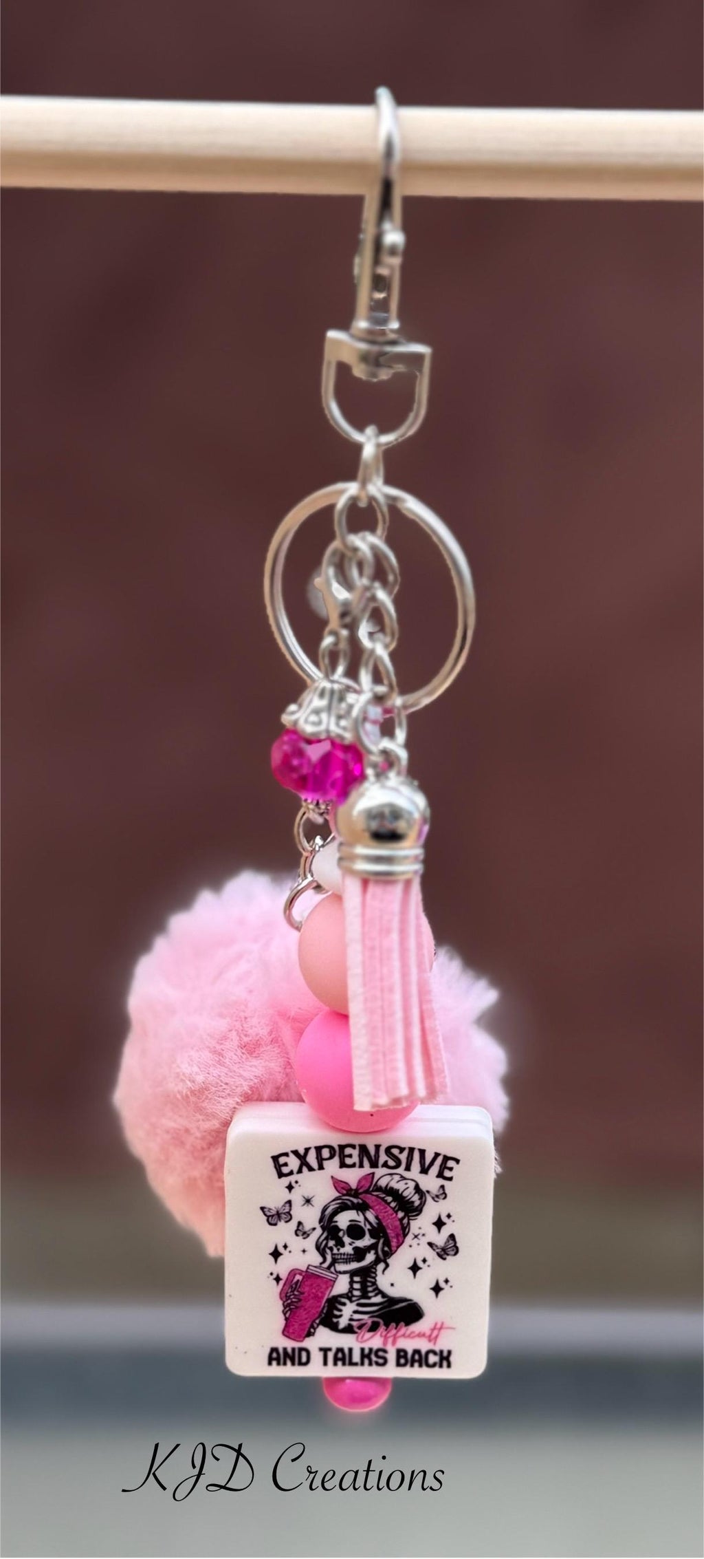 Broke & Bougie Silicone Beaded Keychain with Pom Pom & Leather Tassel