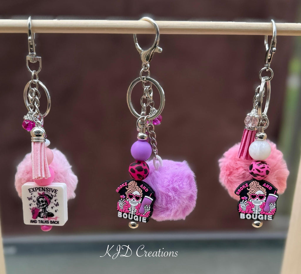Broke & Bougie Silicone Beaded Keychain with Pom Pom & Leather Tassel