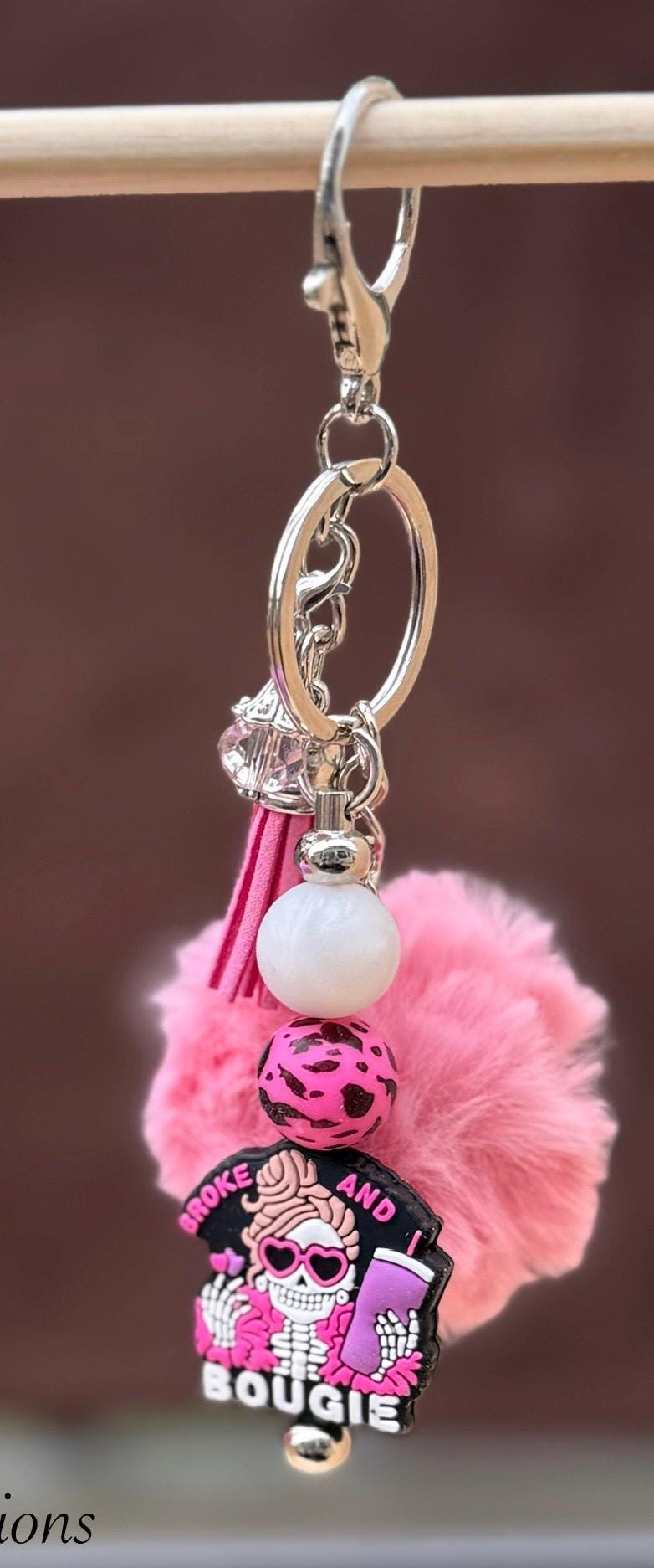 Broke & Bougie Silicone Beaded Keychain with Pom Pom & Leather Tassel