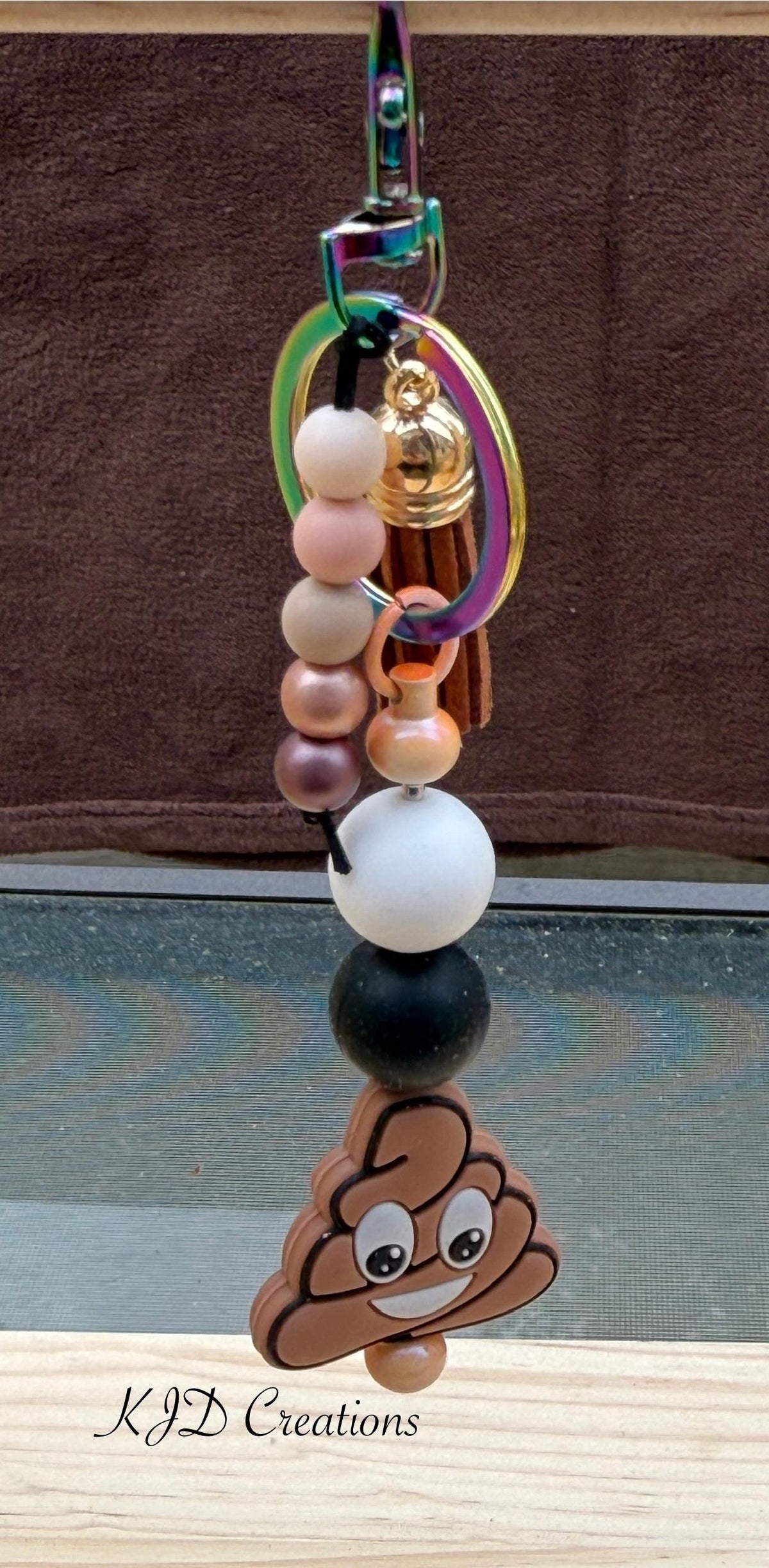 Poop Emoji Silicone Beaded Keychain with Leather Tassel