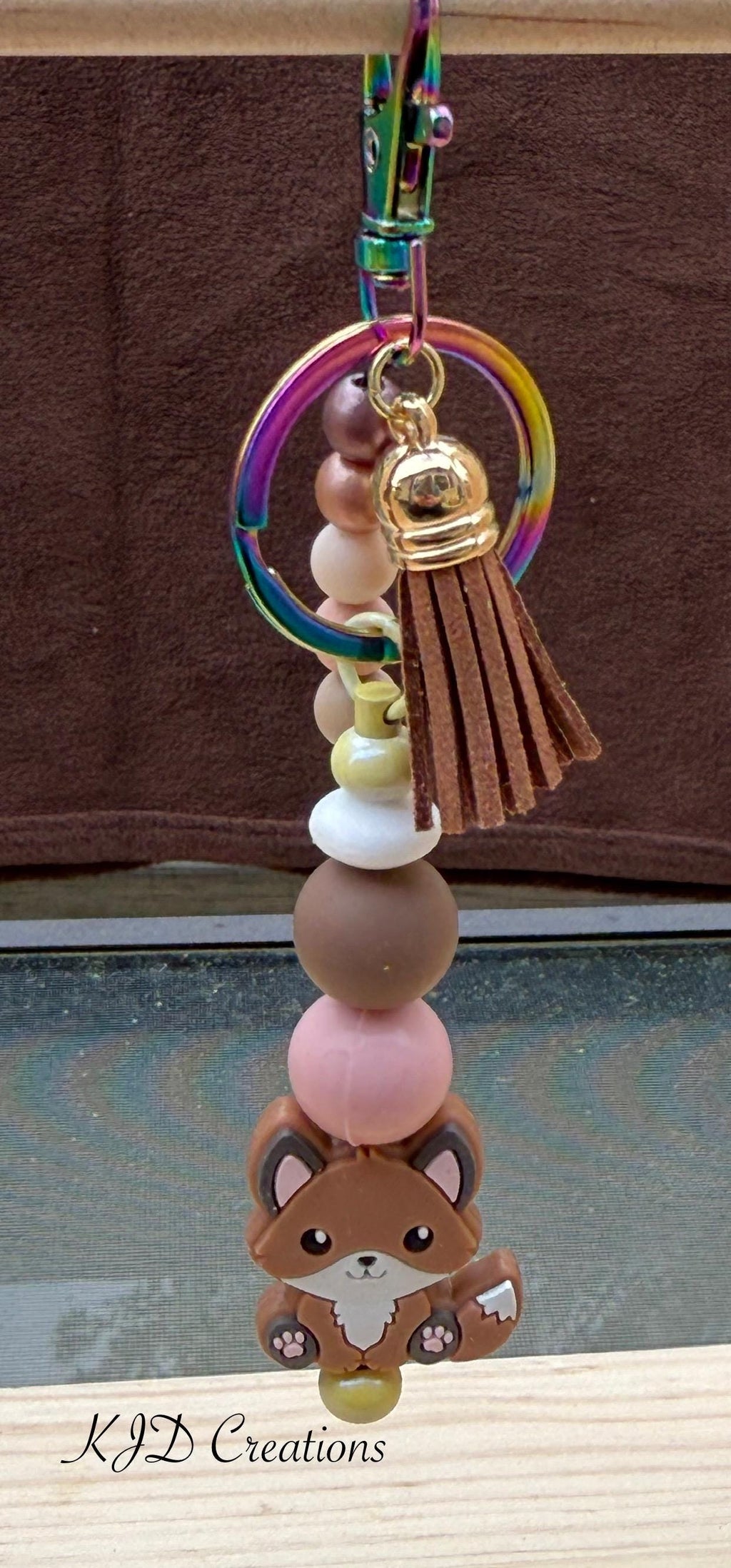 Cute Fox Silicone Beaded Keychain with Leather Tassel