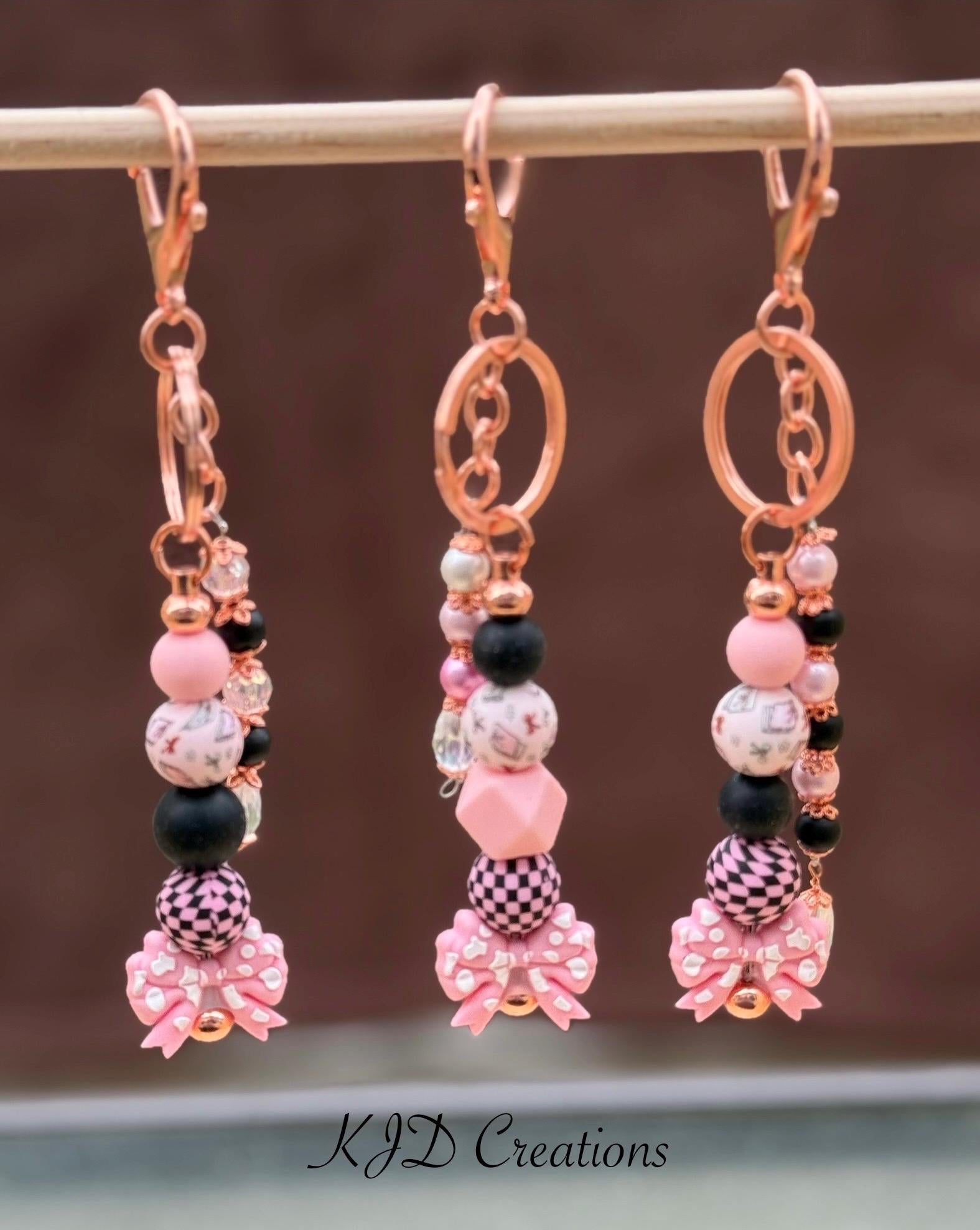 Pink & Black Checkered Bow Silicone Beaded Keychain with Rose Gold Hardware