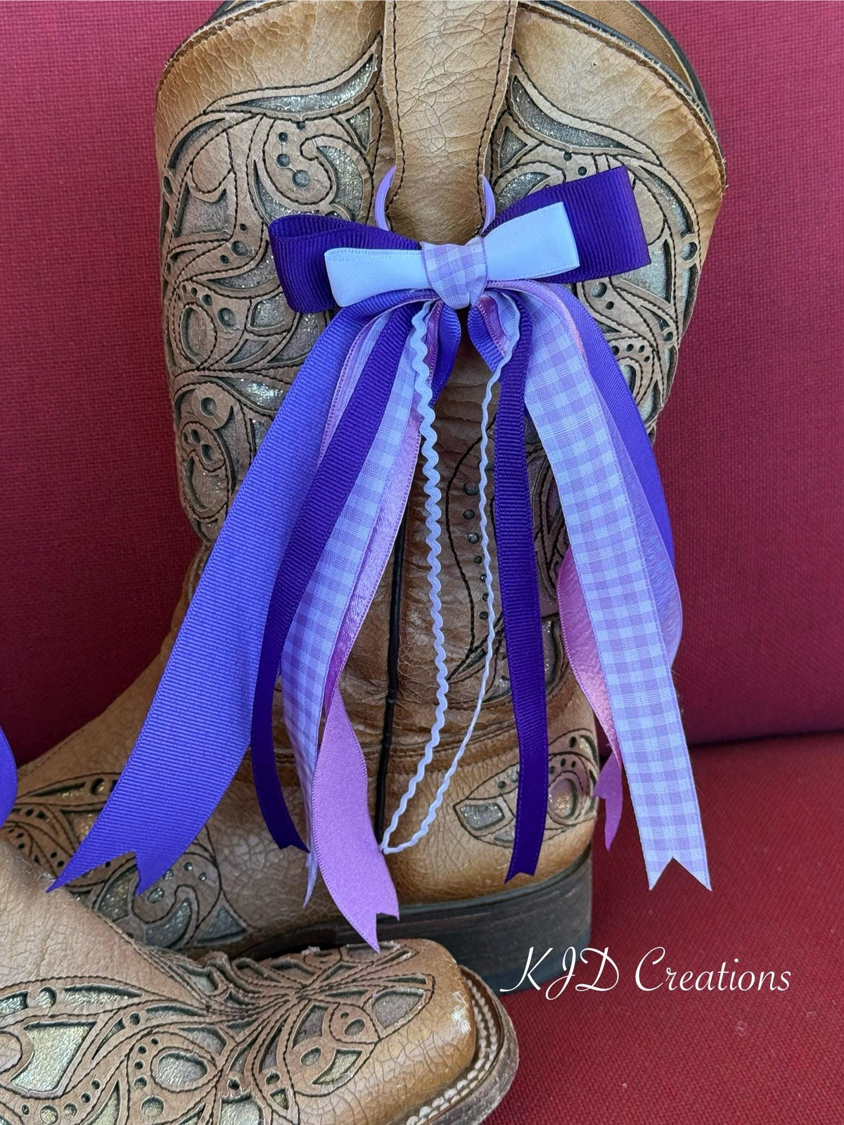 Purple Gingham Cowboy Boot Bows – Western Boot Bling Accessory for Concerts, Weddings & Game Day
