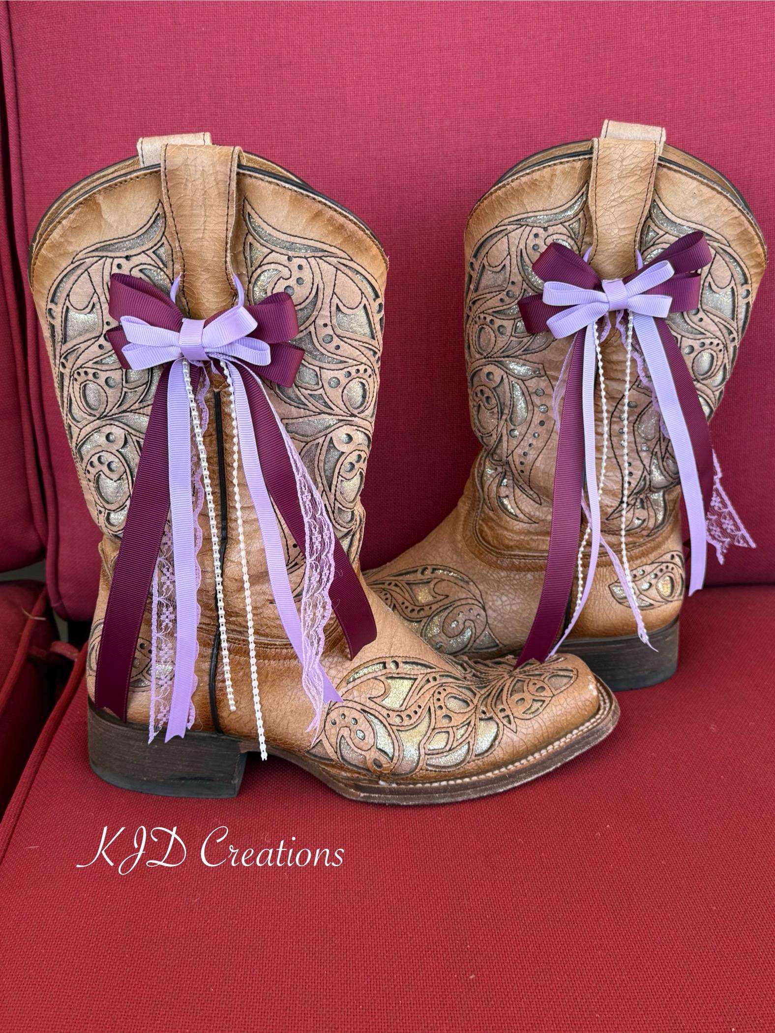 Burgundy & Lavender Cowboy Boot Bows – Western Wedding Boot Bling with Pearl Ribbon Accent