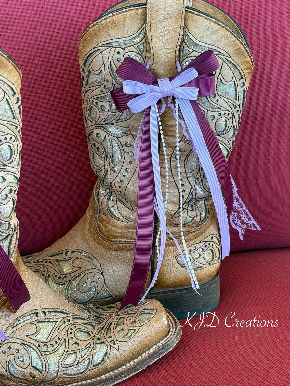 Burgundy & Lavender Cowboy Boot Bows – Western Wedding Boot Bling with Pearl Ribbon Accent