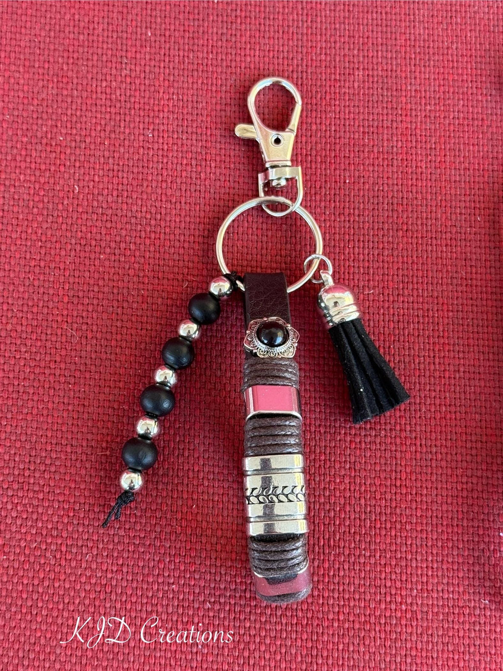 Leather Keychain Fob with Beads & Leather Tassel
