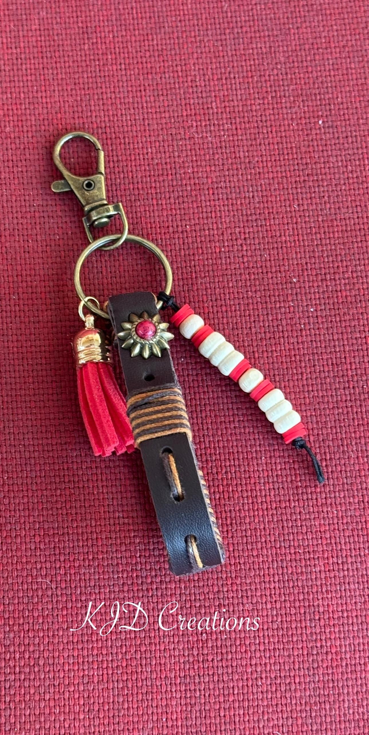 Leather Keychain Fob with Beads & Leather Tassel