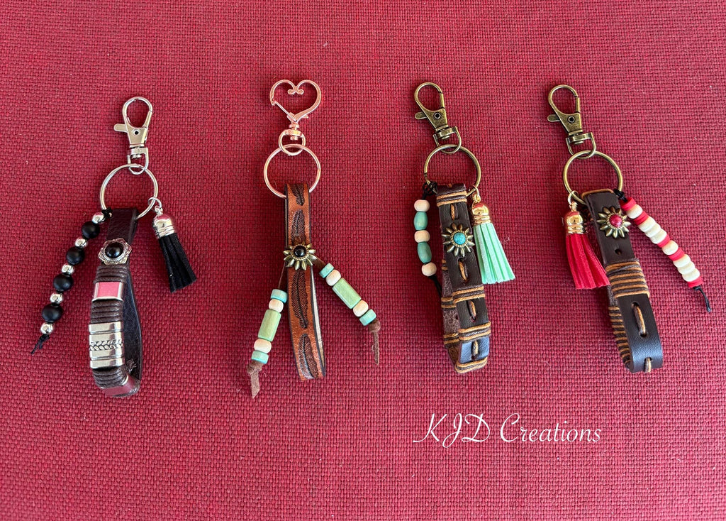 Leather Keychain Fob with Beads & Leather Tassel
