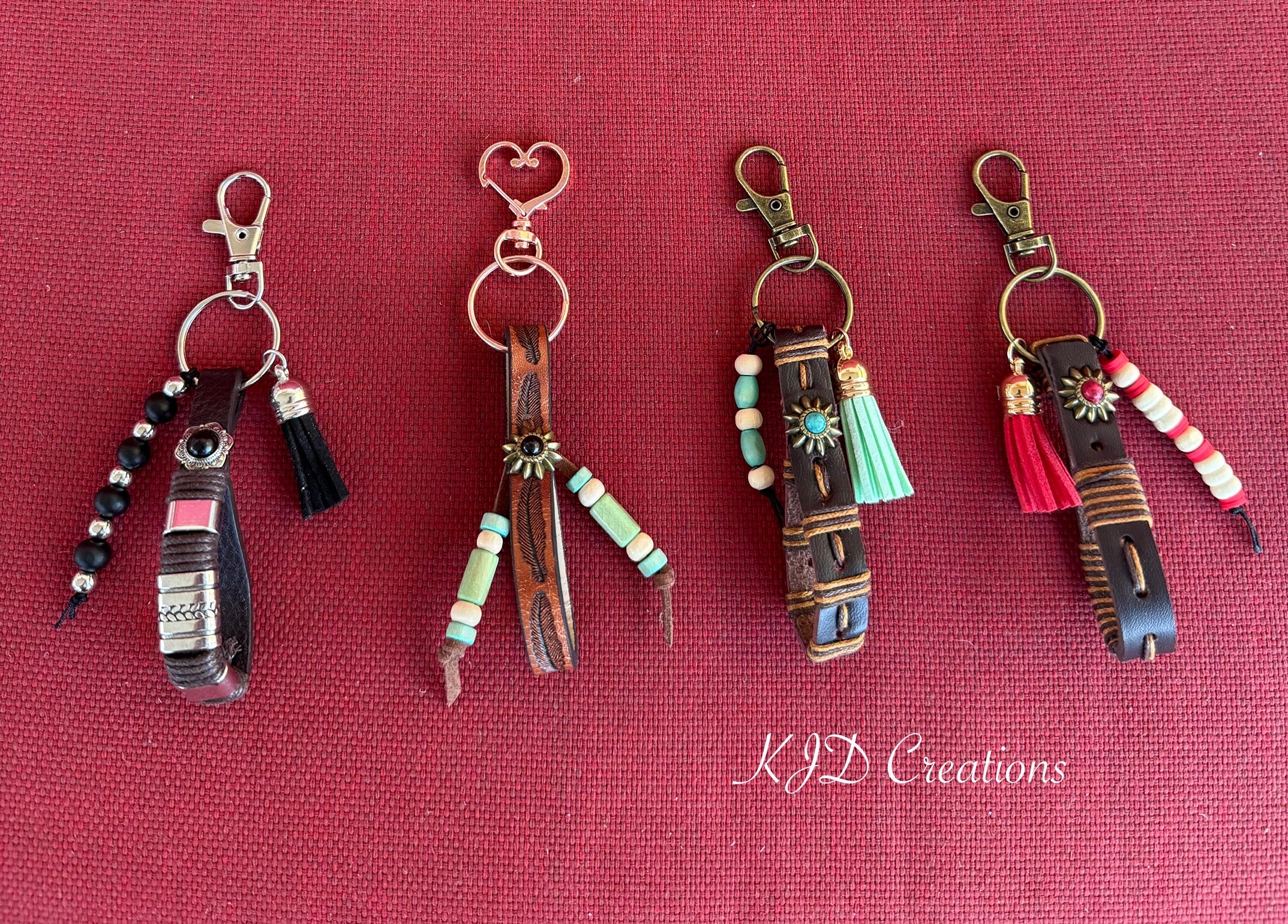 Leather Keychain Fob with Beads & Leather Tassel