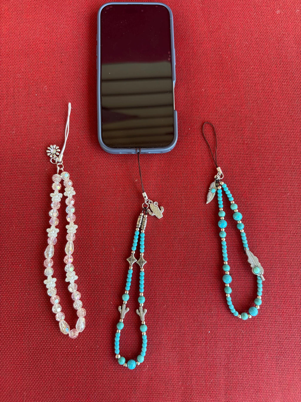 Beaded Cell Phone Charm Wristlet – Turquoise & Crystal Boho Phone Strap
