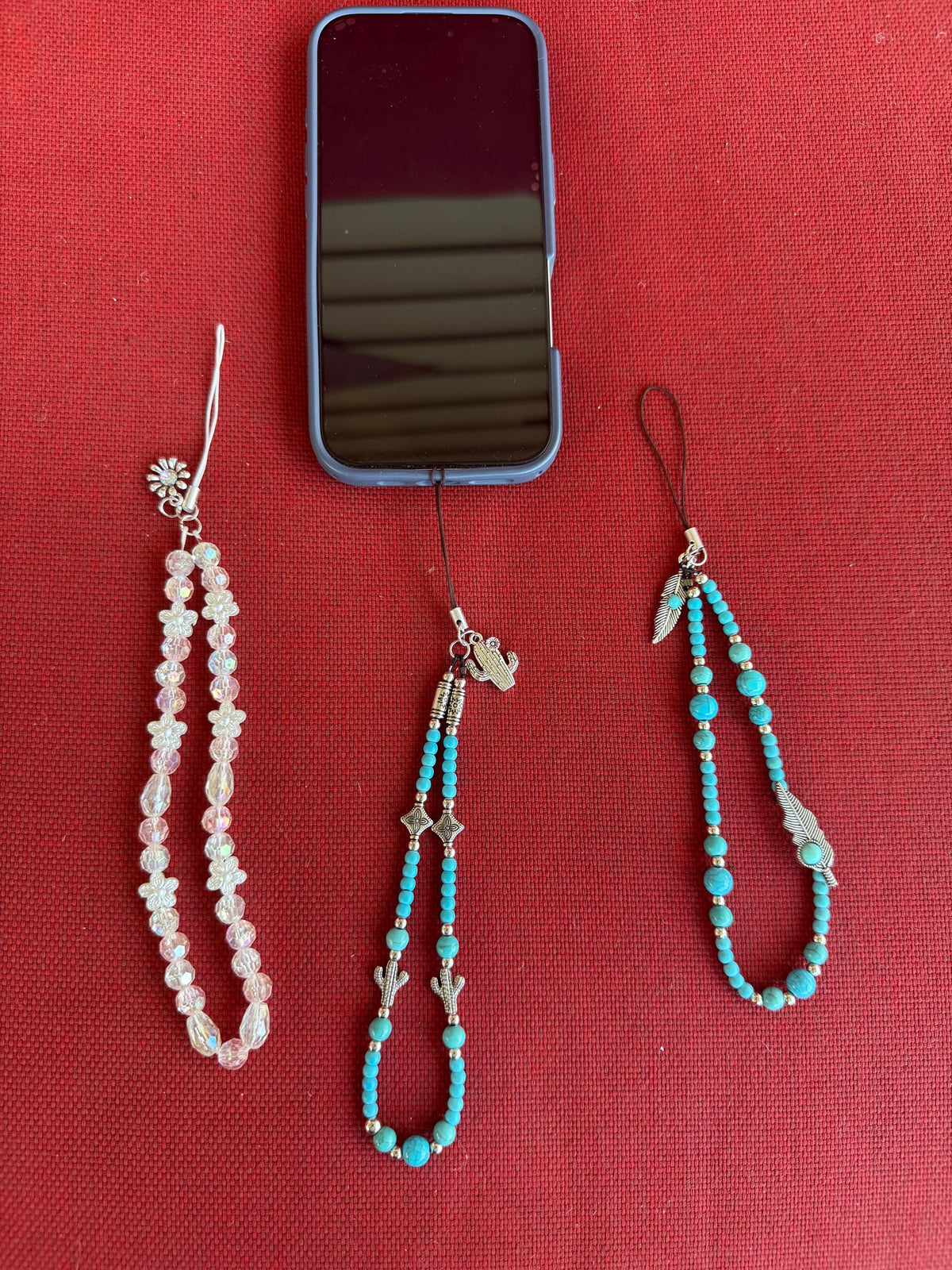 Beaded Cell Phone Charm Wristlet – Turquoise & Crystal Boho Phone Strap