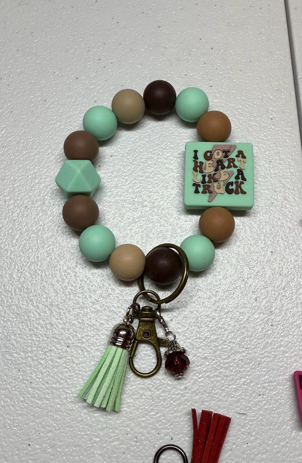 Country Music Silicone Beaded Wristlet Bracelet Keychain with Leather Tassel & Crystal Jewel
