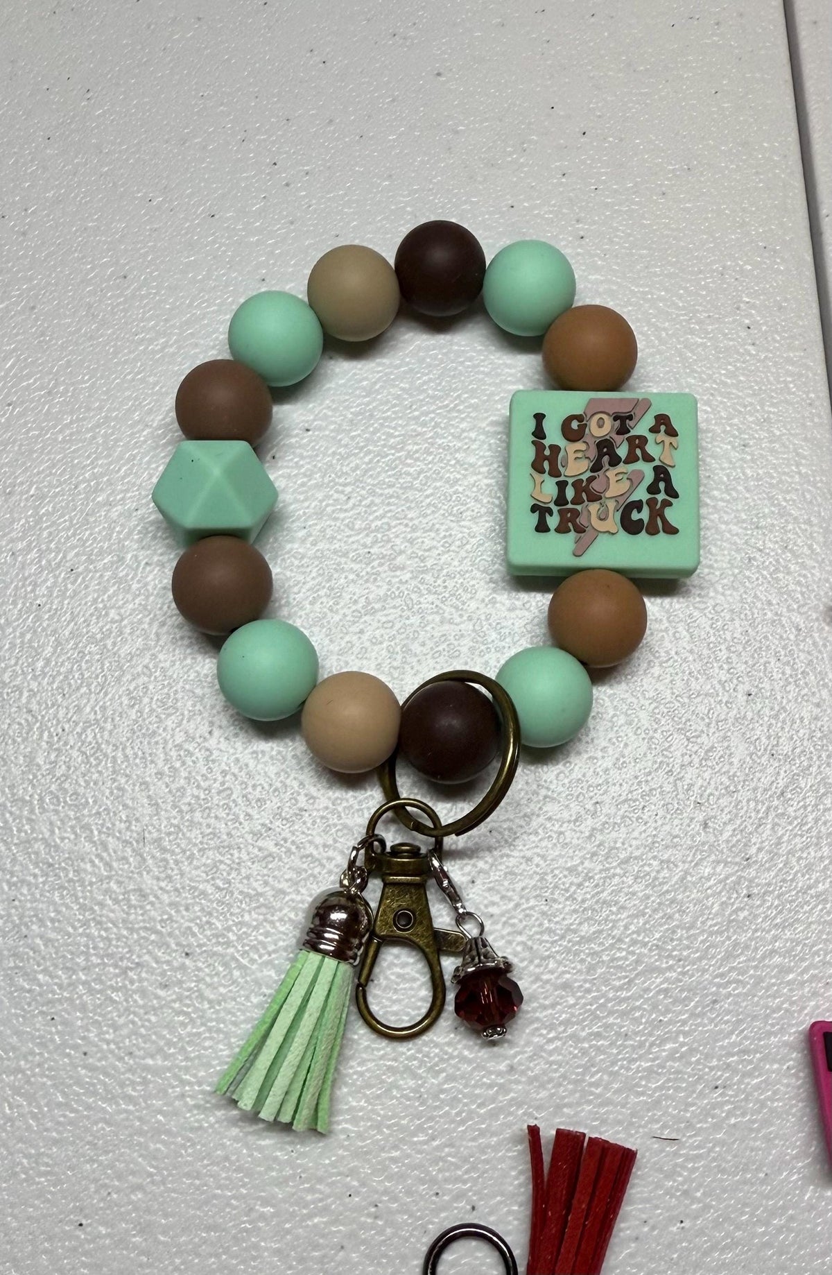 Country Music Silicone Beaded Wristlet Bracelet Keychain with Leather Tassel & Crystal Jewel