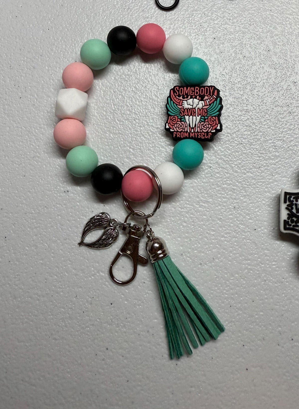 Country Music Silicone Beaded Wristlet Bracelet Keychain with Leather Tassel & Crystal Jewel