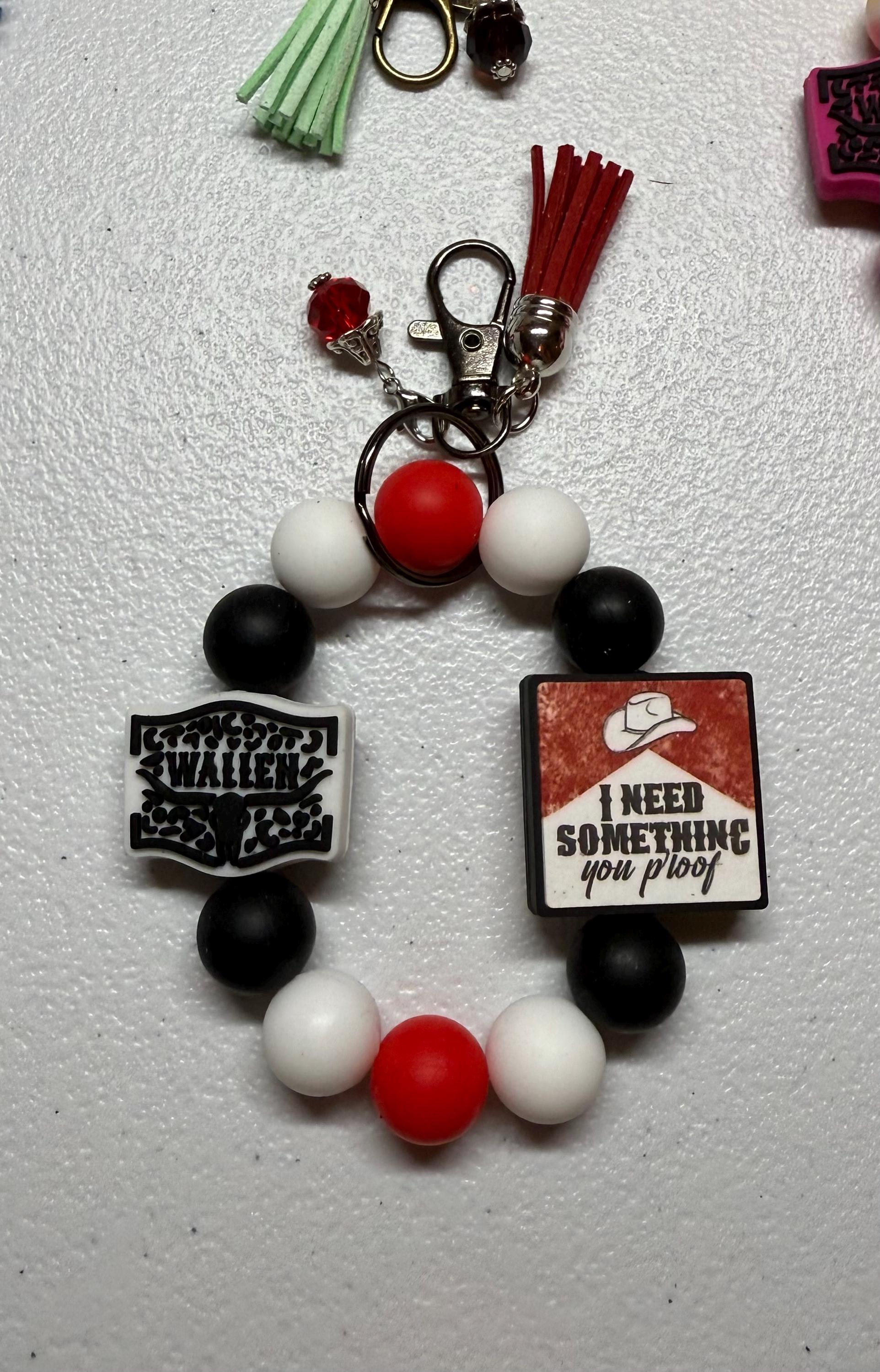 Country Music Silicone Beaded Wristlet Bracelet Keychain with Leather Tassel & Crystal Jewel