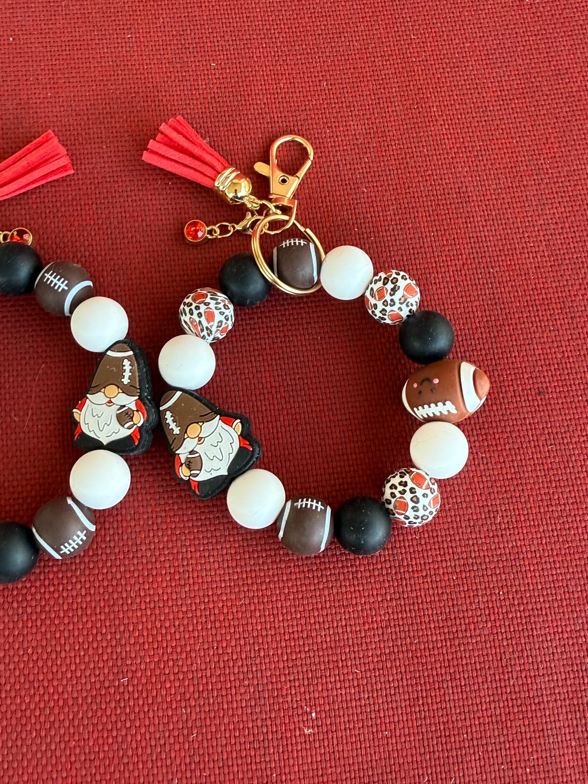 Football Gnome Silicone Beaded Wristlet Bracelet Keychain with Leather Tassel