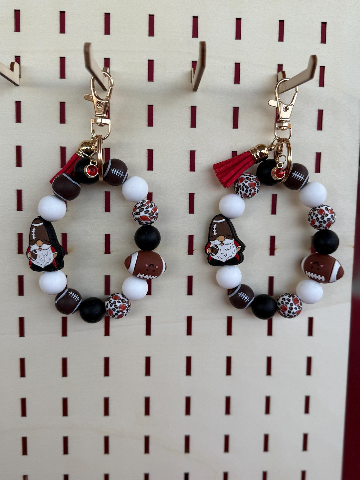 Football Gnome Silicone Beaded Wristlet Bracelet Keychain with Leather Tassel