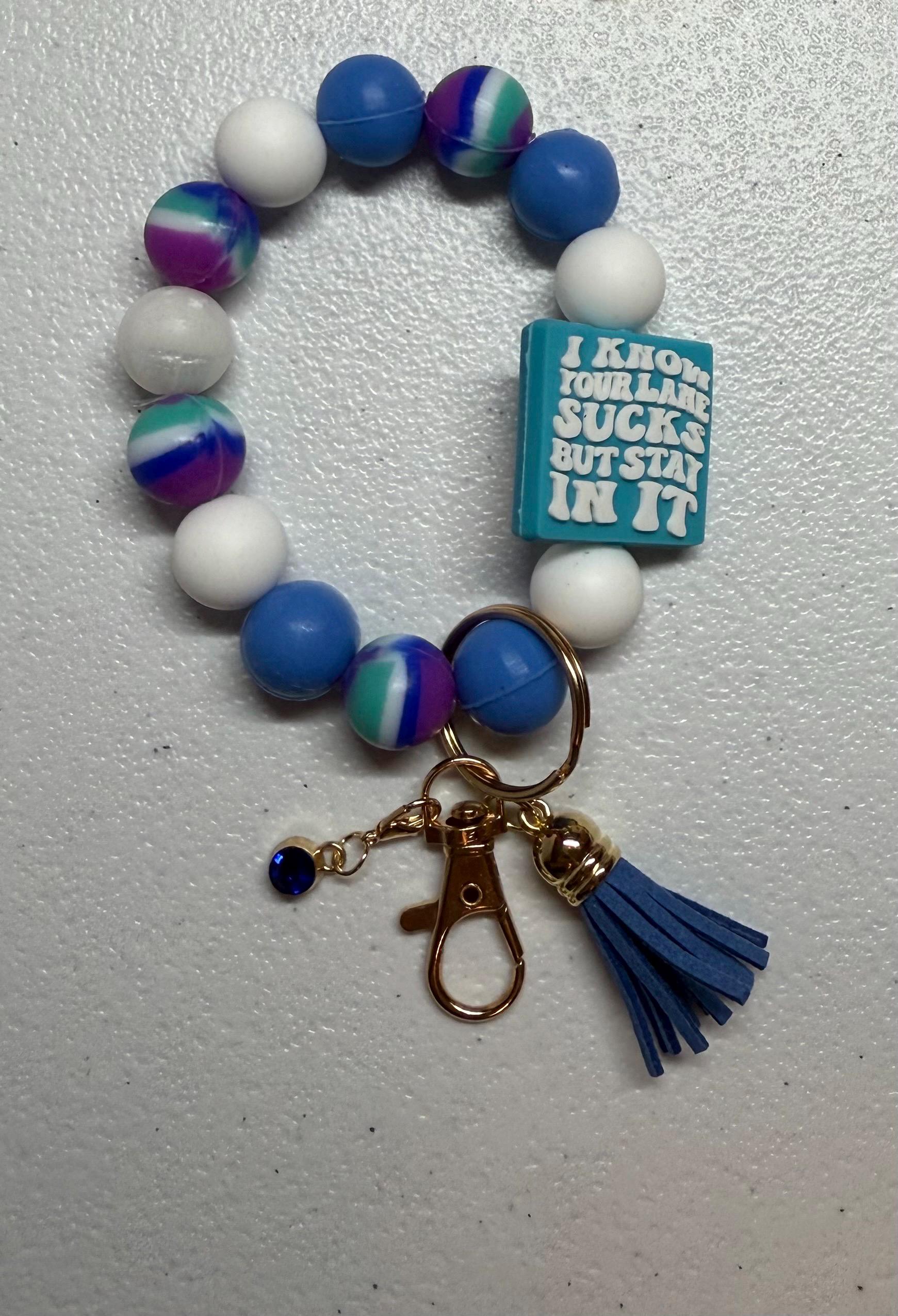 Funny Silicone Beaded Wristlet Bracelet Keychain with Leather Tassel