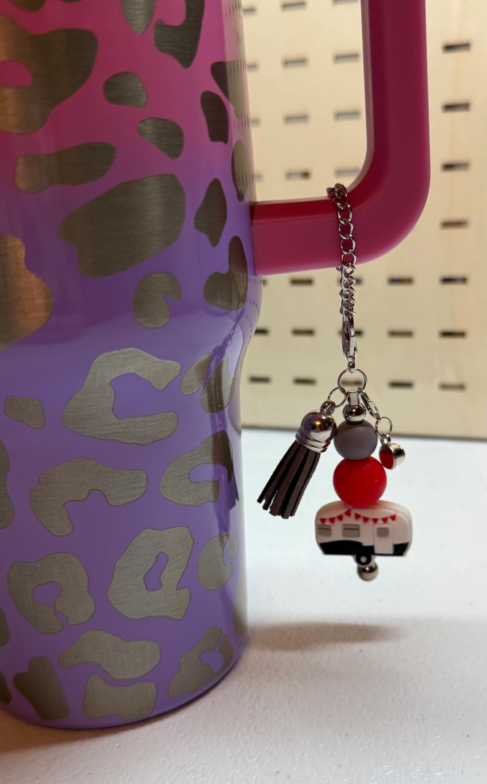 RV Happy Camper silicone beaded tumbler cup charm in white with colorful beads, miniature red and white retro camper charm, and tassel on silver chain