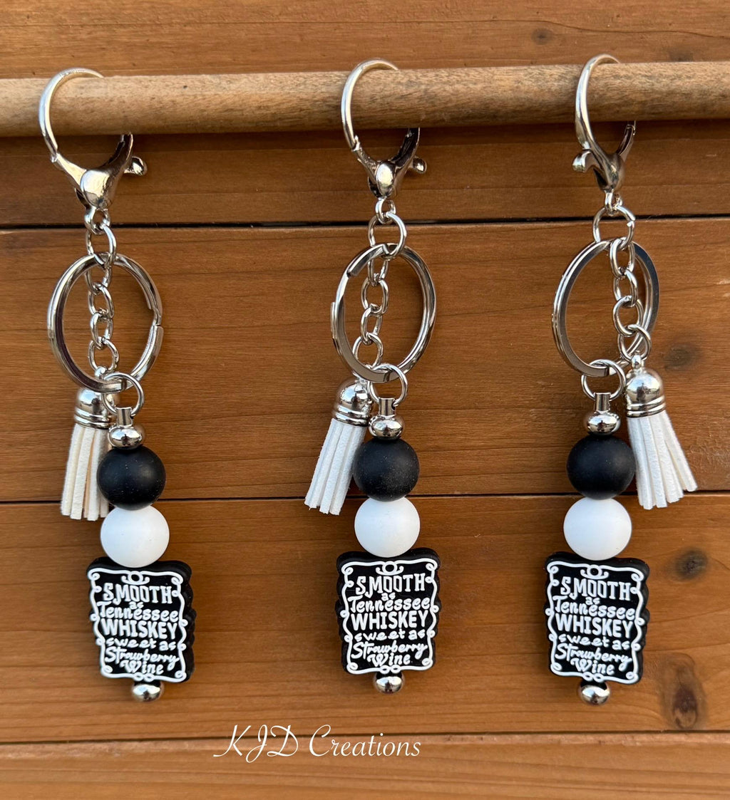 Whiskey & Strawberry Wine Silicone Beaded Keychain with Leather Tassel