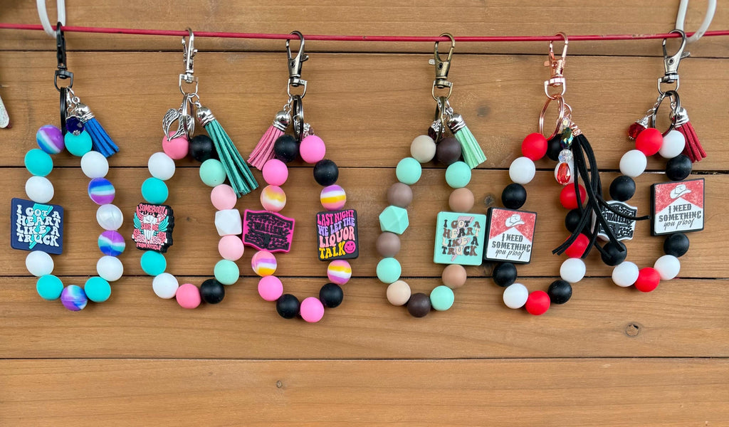 Country Music Silicone Beaded Wristlet Bracelet Keychain with Leather Tassel & Crystal Jewel