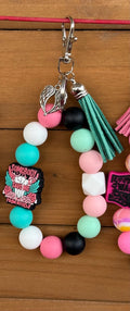 Country Music Silicone Beaded Wristlet Bracelet Keychain with Leather Tassel & Crystal Jewel